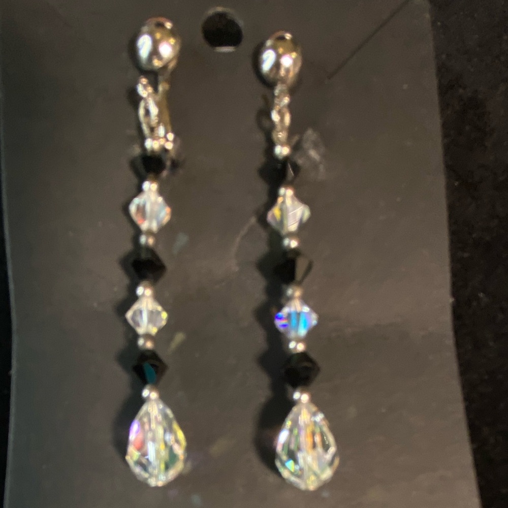 Jet Black & Clear AB Faceted Crystals with Silver-tone Spacers. Clip-on Earrings